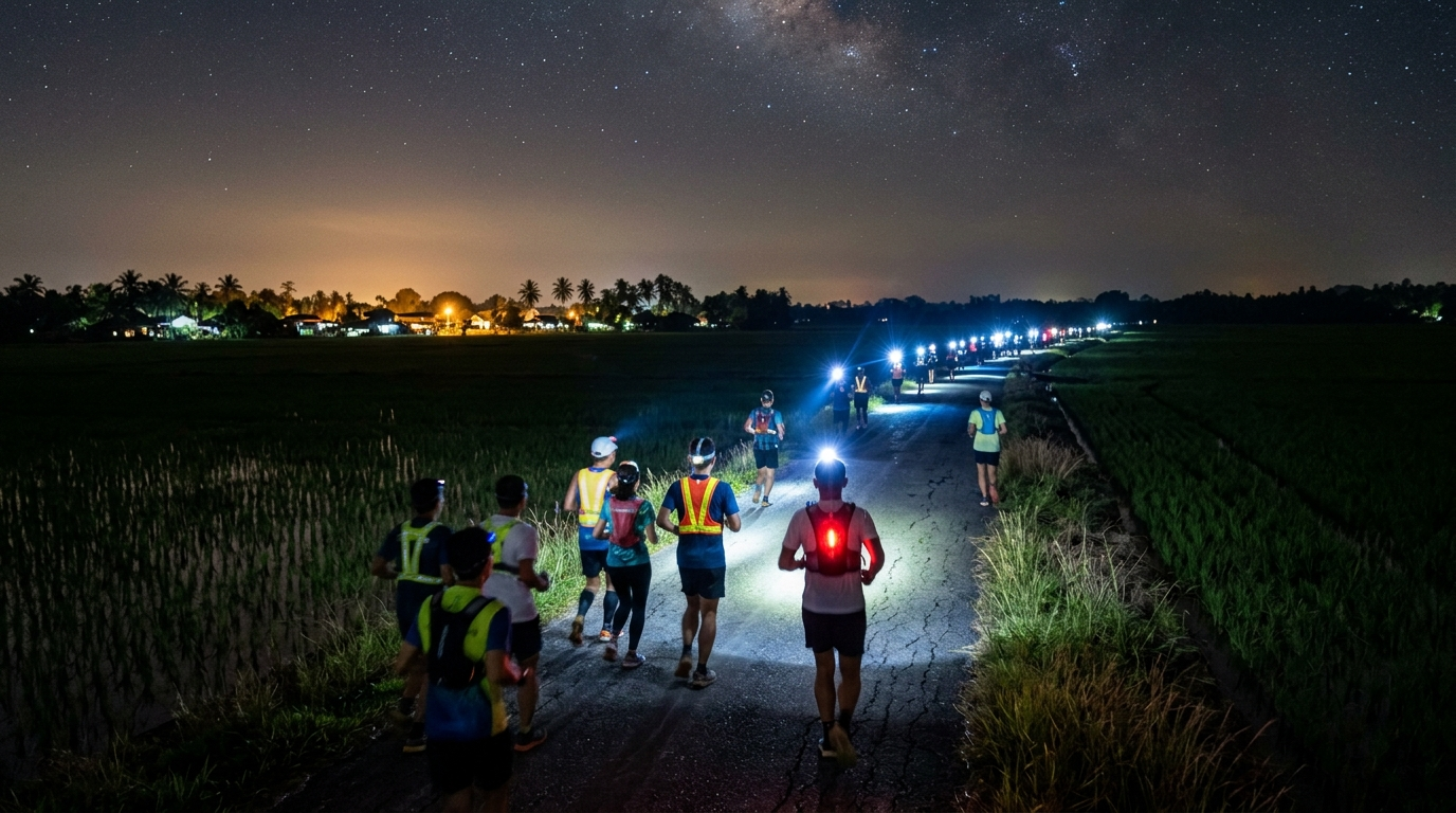 夕暮れのセキンチャンの田んぼの一本道を走るランナー